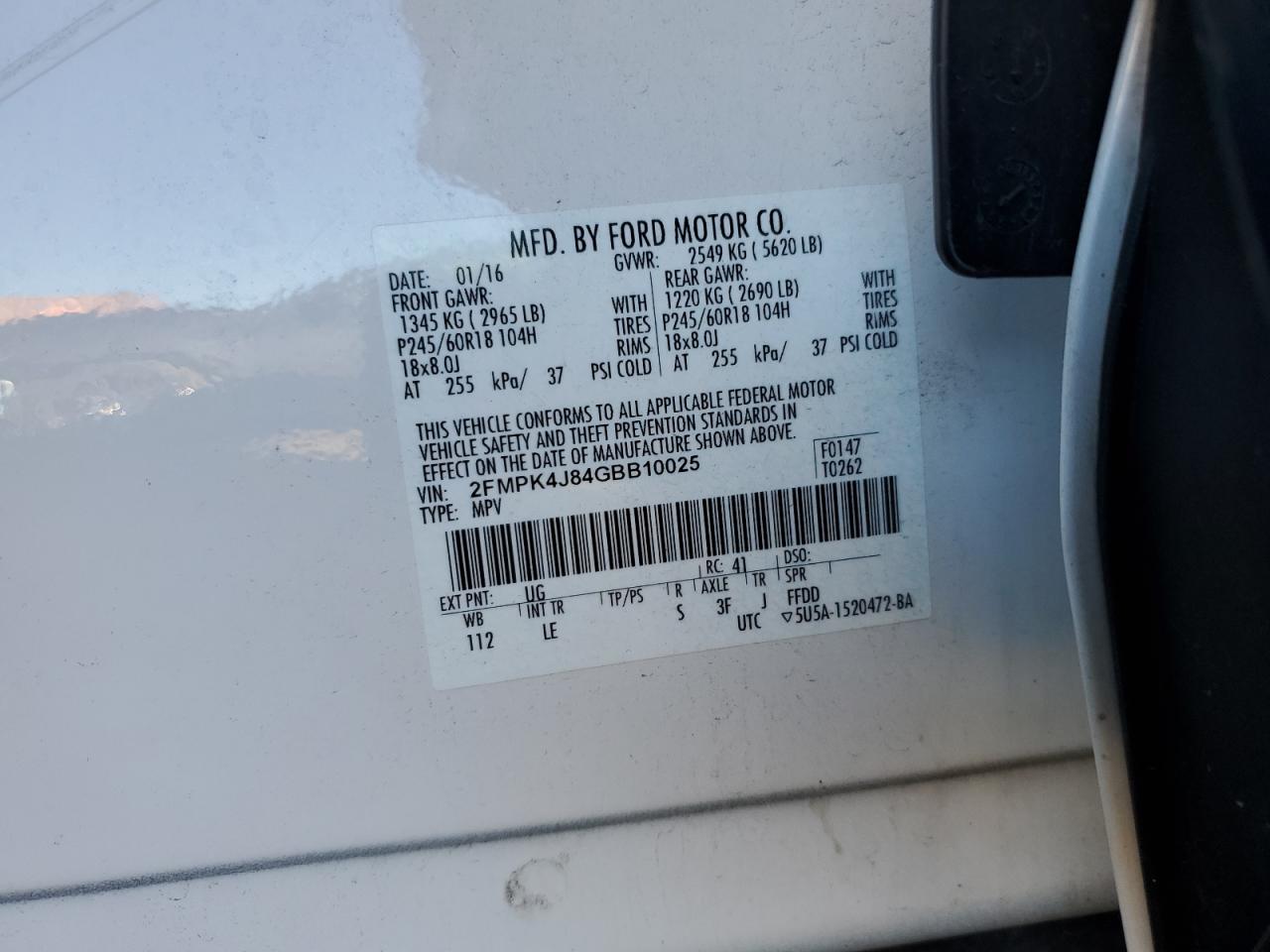 2016 Ford Edge VIN 2FMPK4J84GBB10025 Copart auction photo, rear end damage thumbnail 14