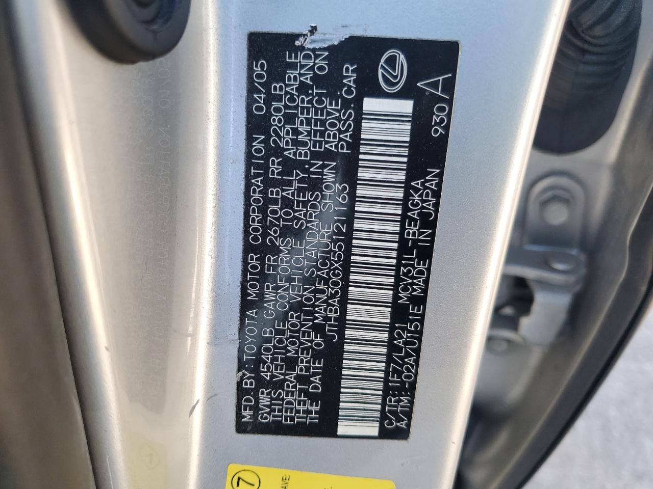 2005 Lexus ES VIN JTHBA30GX55121163 Copart auction photo, burn damage thumbnail 12