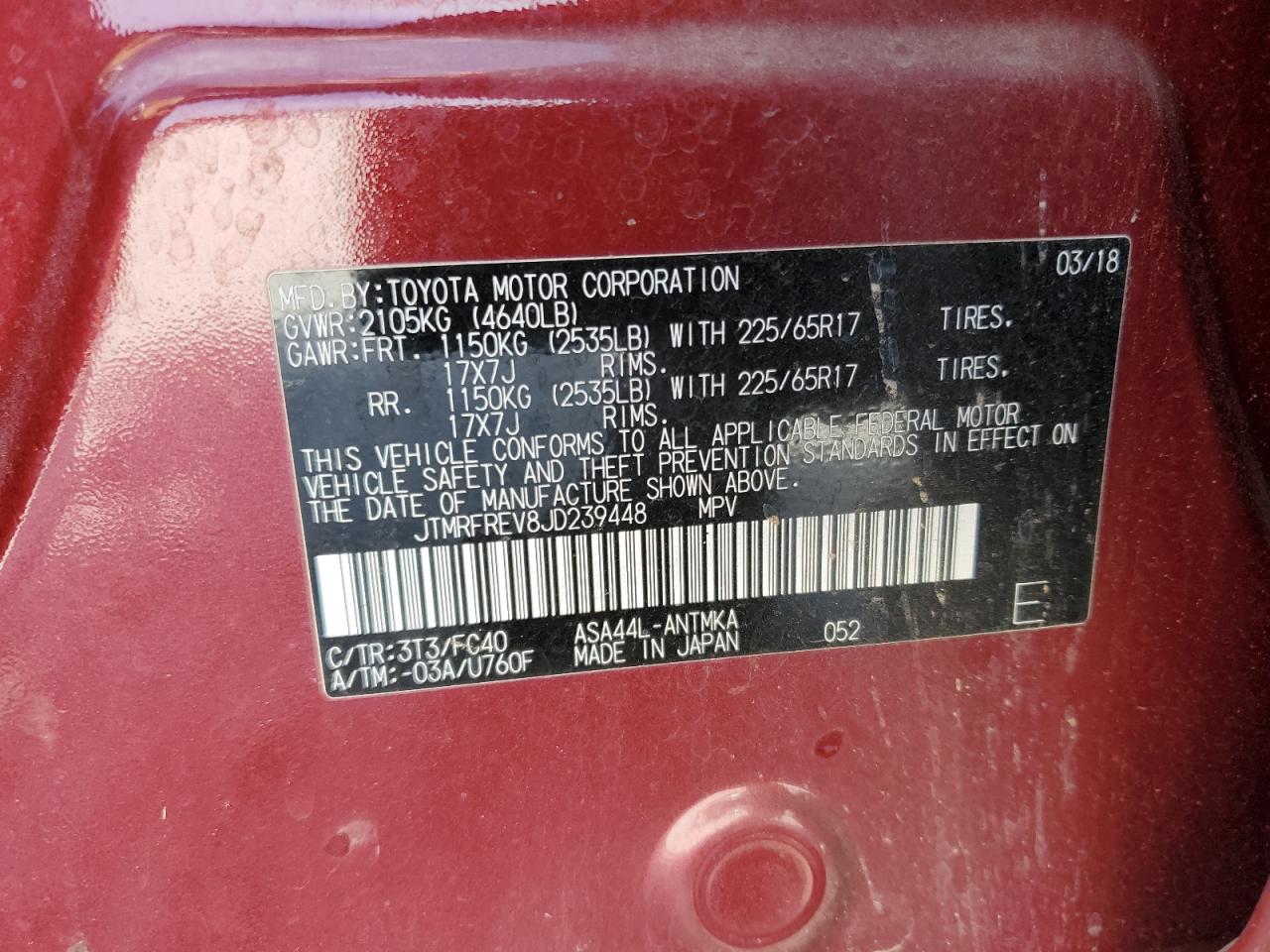 2018 Toyota RAV 4 VIN JTMRFREV8JD239448 Copart auction photo, rear end damage thumbnail 14