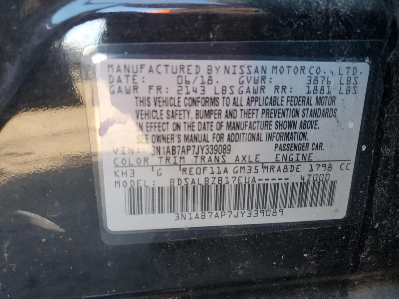 2018 Nissan Sentra VIN 3N1AB7AP7JY339089 Copart auction photo, front end / side damage thumbnail 14