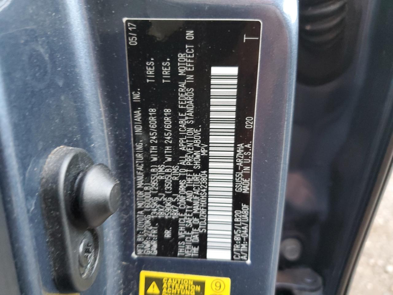 2017 Toyota Highlander VIN 5TDJZRFHXHS423804 Copart auction photo, side / minor dent/scratches damage thumbnail 15