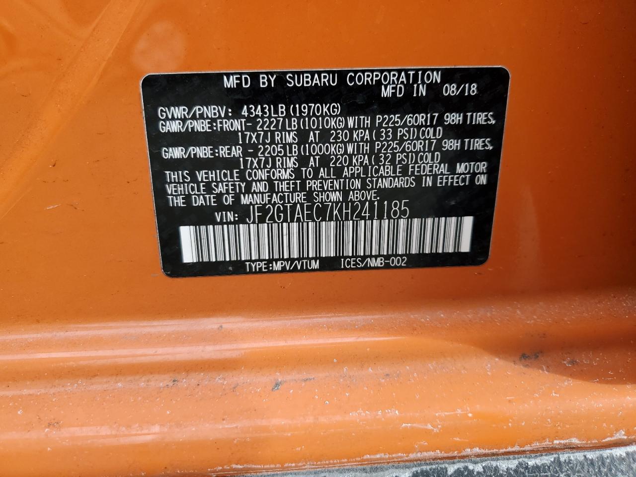 2019 Subaru XV VIN JF2GTAEC7KH241185 Copart auction photo, front end damage thumbnail 14