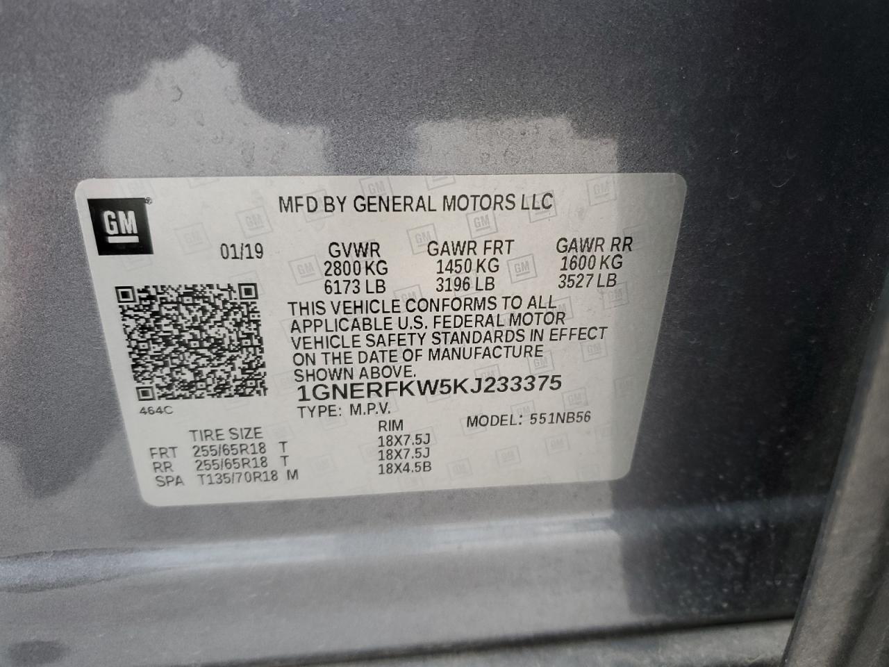 2019 Chevrolet Traverse VIN 1GNERFKW5KJ233375 Copart auction photo, front end / minor dent/scratches damage thumbnail 13