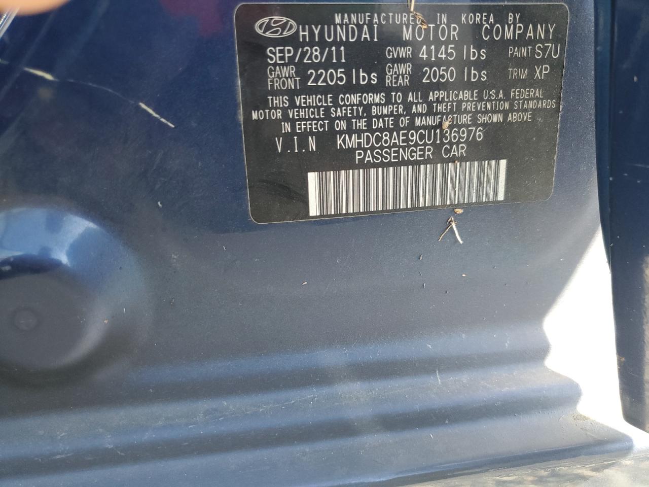 2012 Hyundai Elantra VIN KMHDC8AE9CU136976 Copart auction photo, water/flood damage thumbnail 13