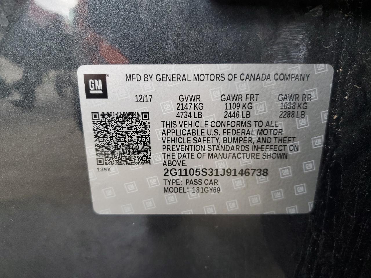 2018 Chevrolet Impala VIN 2G1105S31J9146738 Copart auction photo, side damage thumbnail 14