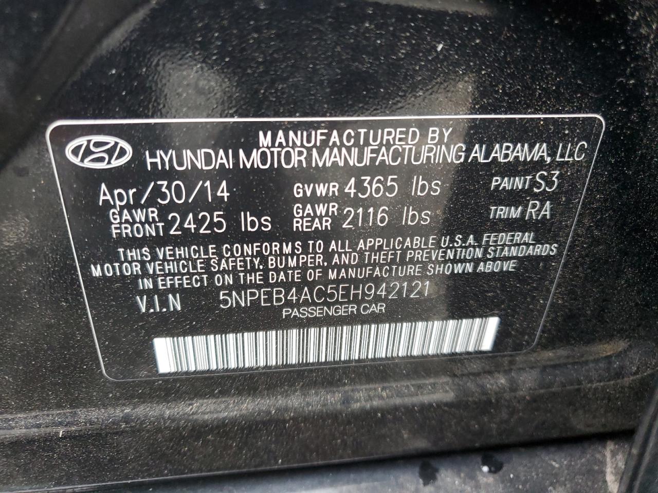2014 Hyundai Sonata VIN 5NPEB4AC5EH942121 Copart auction photo, vandalism damage thumbnail 12