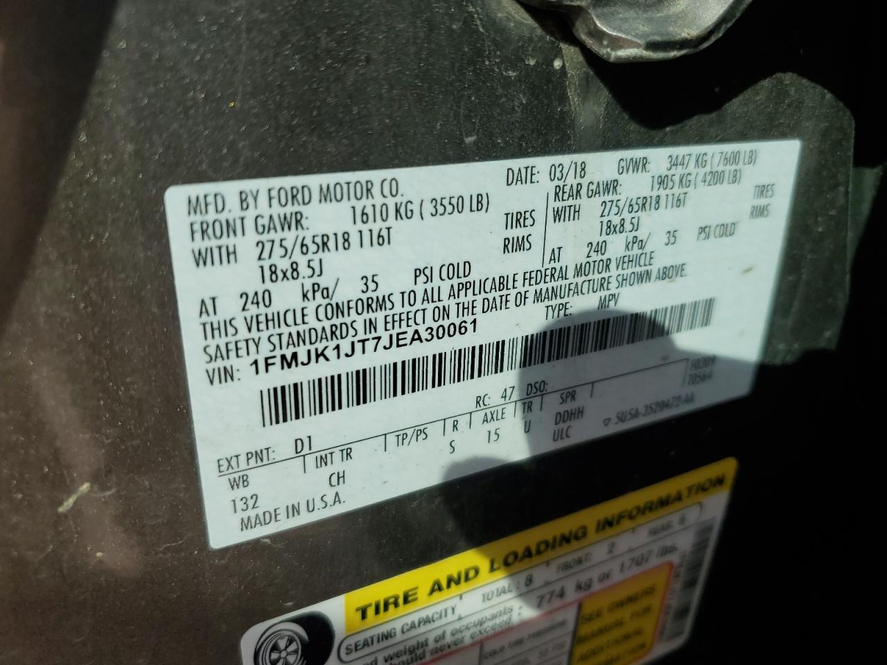 2018 Ford Expedition VIN 1FMJK1JT7JEA30061 Copart auction photo, front end damage thumbnail 12