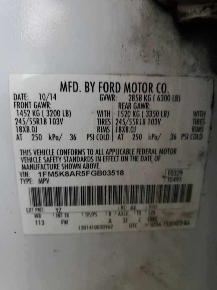 2015 Ford Explorer VIN 1FM5K8AR5FGB03518 Copart auction photo, front end damage thumbnail 14