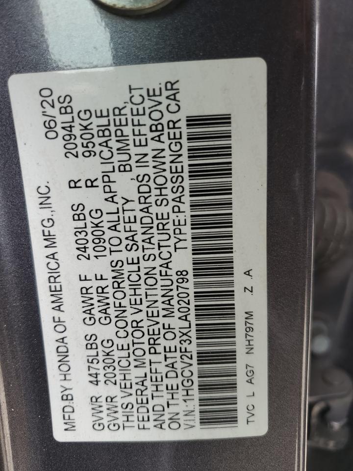 2020 Honda Accord VIN 1HGCV2F3XLA020798 Copart auction photo, side damage thumbnail 12