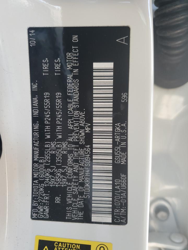 2015 Toyota Highlander VIN 5TDDKRFH4FS094564 Copart auction photo, front end damage thumbnail 14