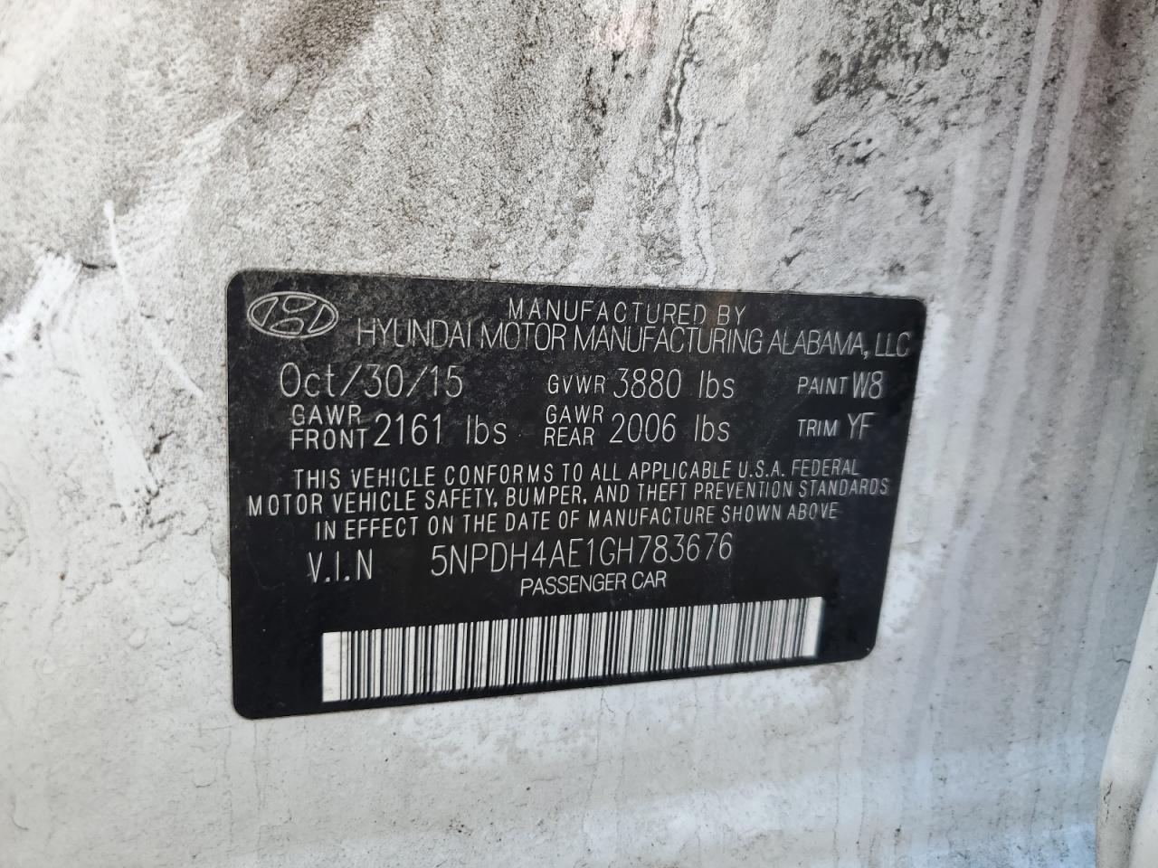 2016 Hyundai Elantra VIN 5NPDH4AE1GH783676 Copart auction photo, rear end / minor dent/scratches damage thumbnail 12