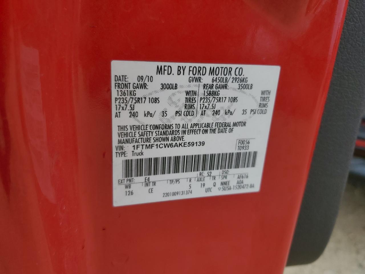 2010 Ford F-150 VIN 1FTMF1CW6AKE59139 Copart auction photo, rear end / minor dent/scratches damage thumbnail 12