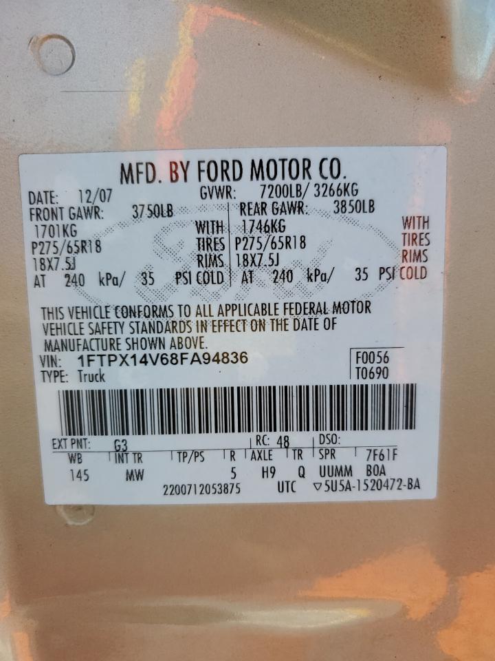 2008 Ford F-150 VIN 1FTPX14V68FA94836 Copart auction photo, front end / side damage thumbnail 12