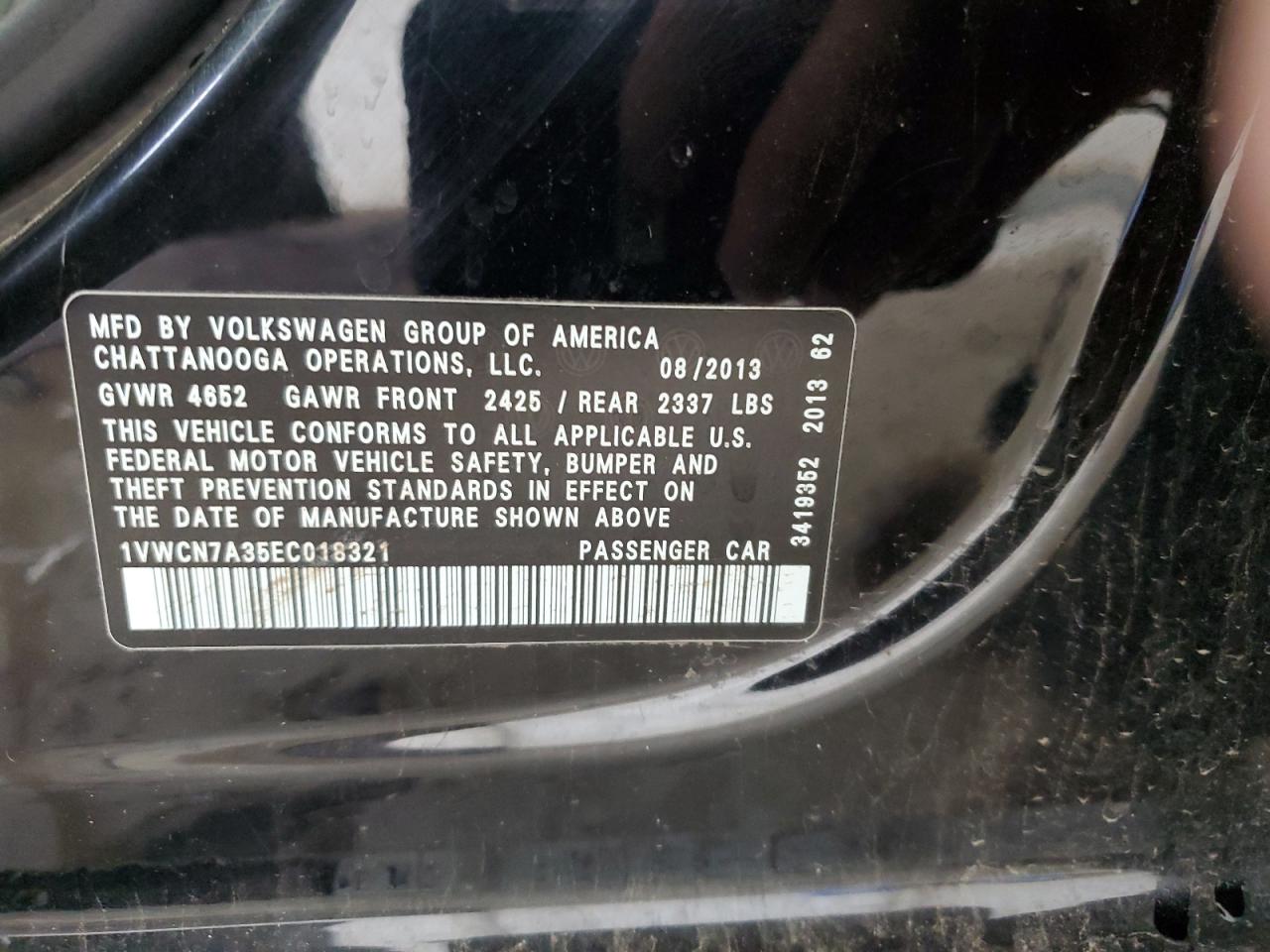 2014 Volkswagen Passat VIN 1VWCN7A35EC018321 Copart auction photo, minor dent/scratches damage thumbnail 12