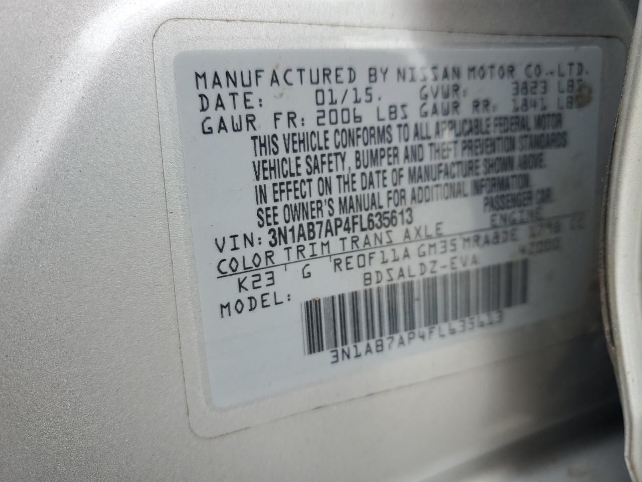 2015 Nissan Sentra VIN 3N1AB7AP4FL635613 Copart auction photo, side / rear end damage thumbnail 14