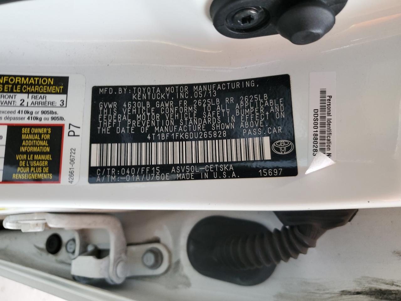 2013 Toyota Camry VIN 4T1BF1FK6DU265828 Copart auction photo, front end / side damage thumbnail 13