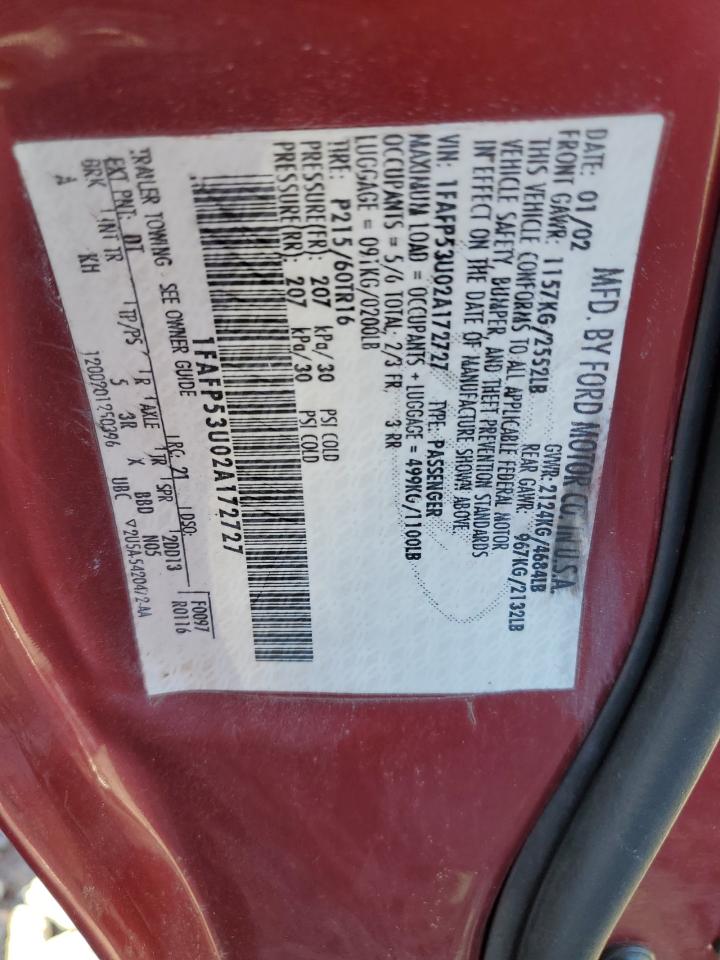 2002 Ford Taurus VIN 1FAFP53U02A172727 Copart auction photo, rear end damage thumbnail 12