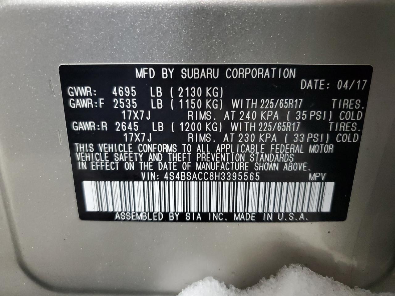 2017 Subaru Outback VIN 4S4BSACC8H3395565 Copart auction photo, rear end / all over damage thumbnail 14