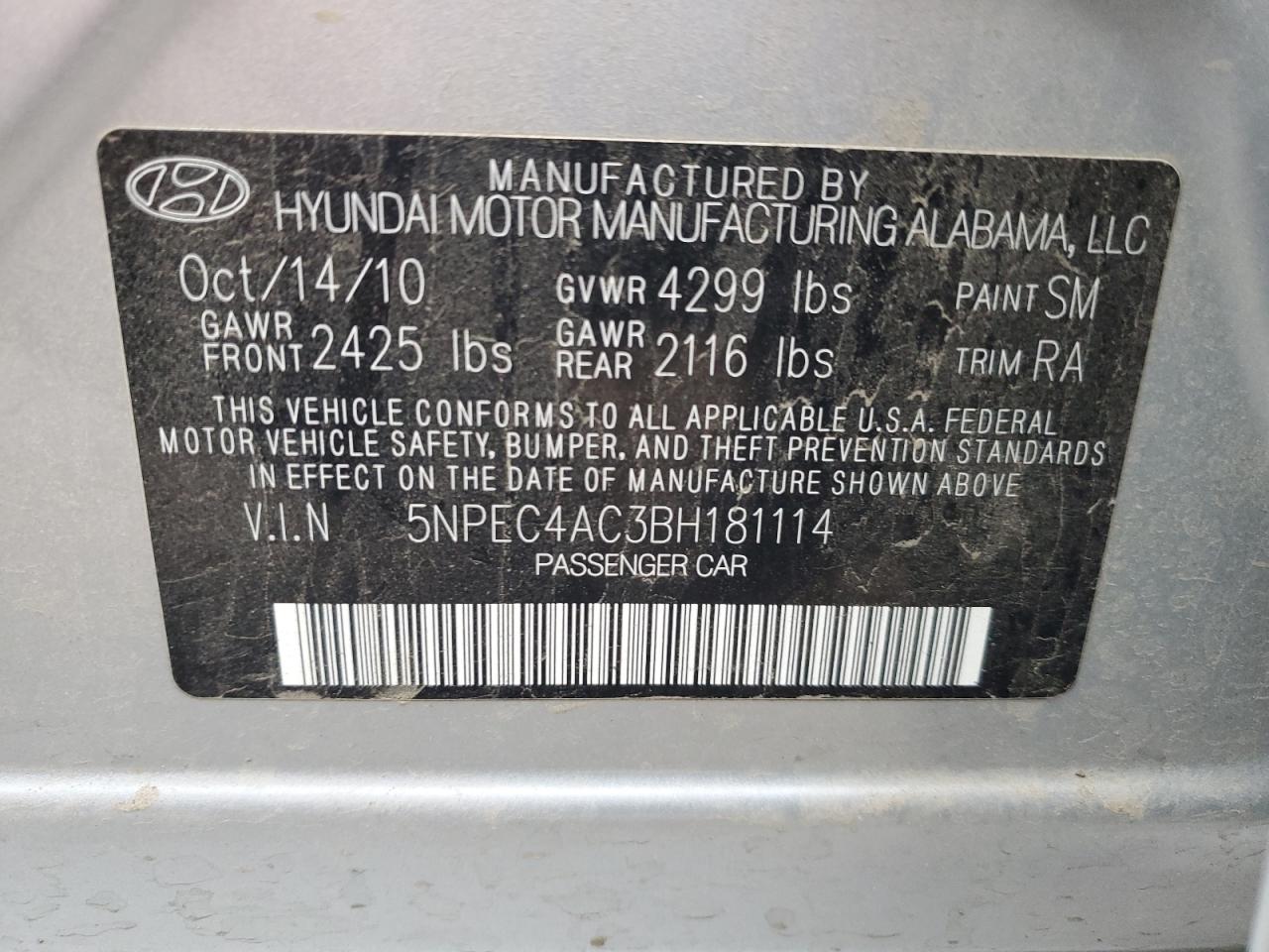 2011 Hyundai Sonata VIN 5NPEC4AC3BH181114 Copart auction photo, side damage thumbnail 12