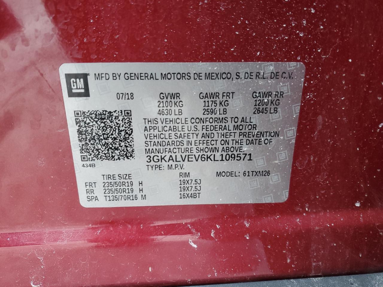 2019 GMC Terrain VIN 3GKALVEV6KL109571 Copart auction photo, front end damage thumbnail 15