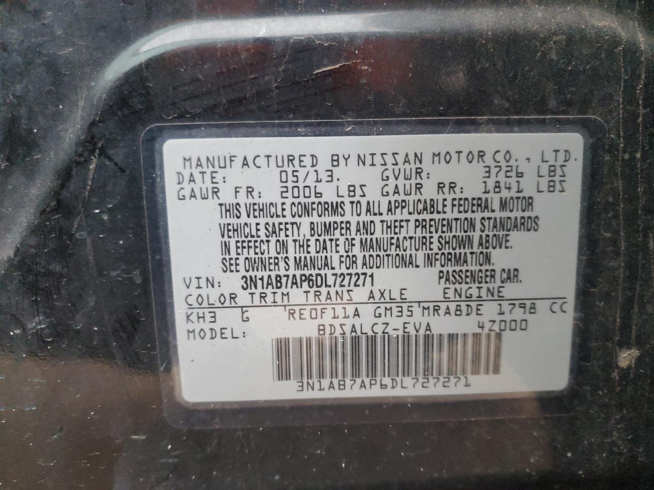2013 Nissan Sentra VIN 3N1AB7AP6DL727271 Copart auction photo, front end / minor dent/scratches damage thumbnail 13