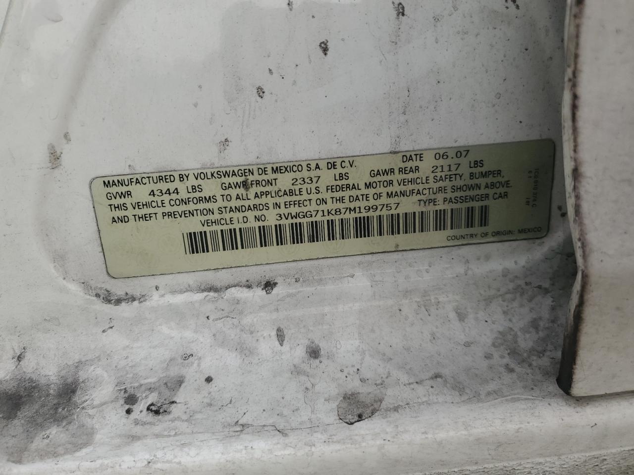 2007 Volkswagen Jetta VIN 3VWGG71K87M199757 Copart auction photo, front end damage thumbnail 14