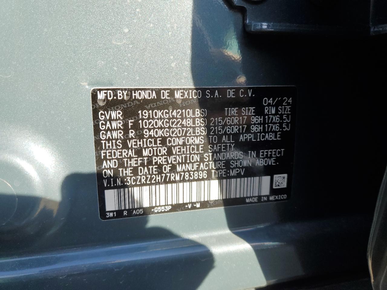2024 Honda HR-V VIN 3CZRZ2H77RM783896 Copart auction photo, all over damage thumbnail 14