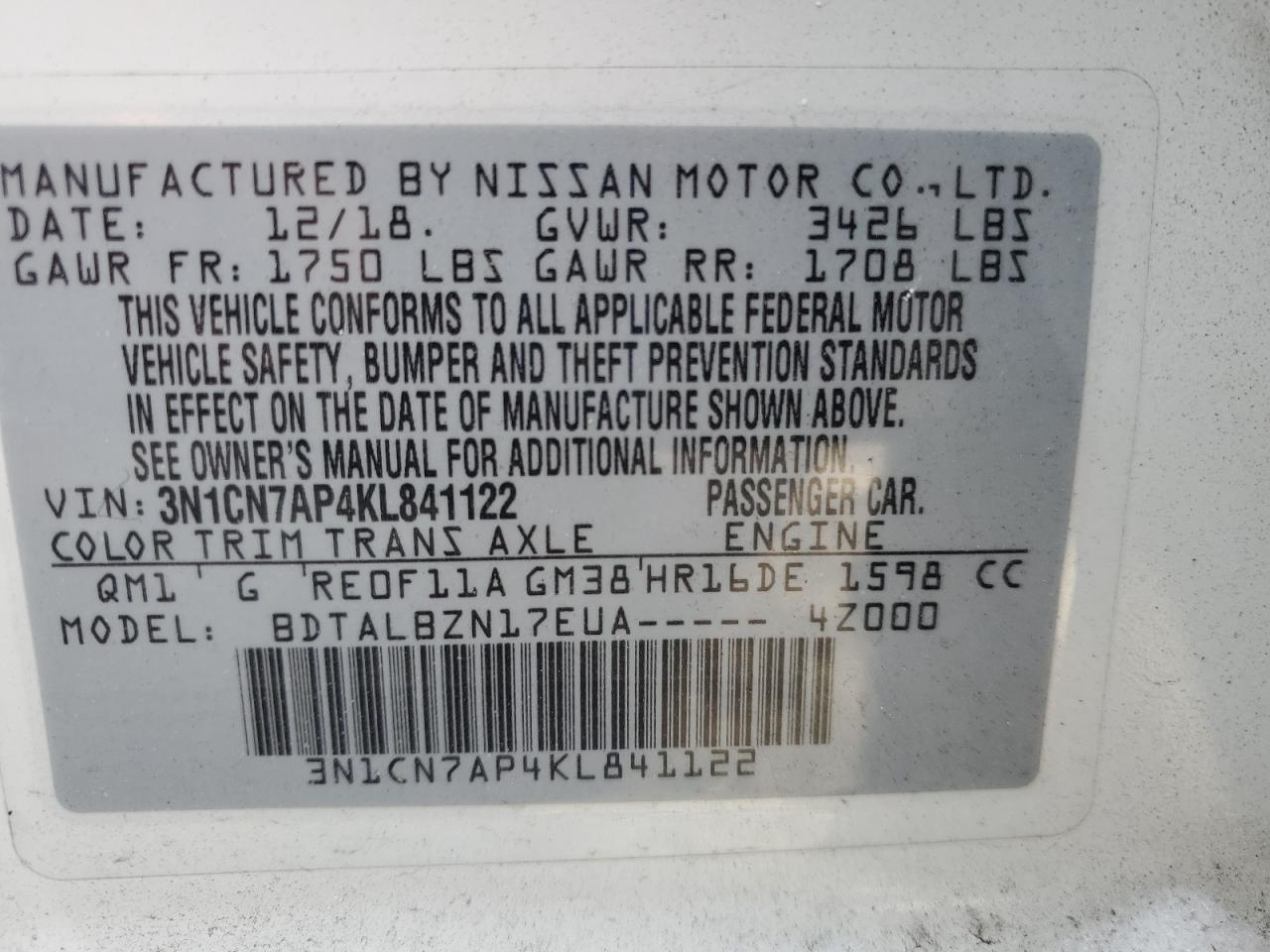 2019 Nissan Versa VIN 3N1CN7AP4KL841122 Copart auction photo, rear end damage thumbnail 12