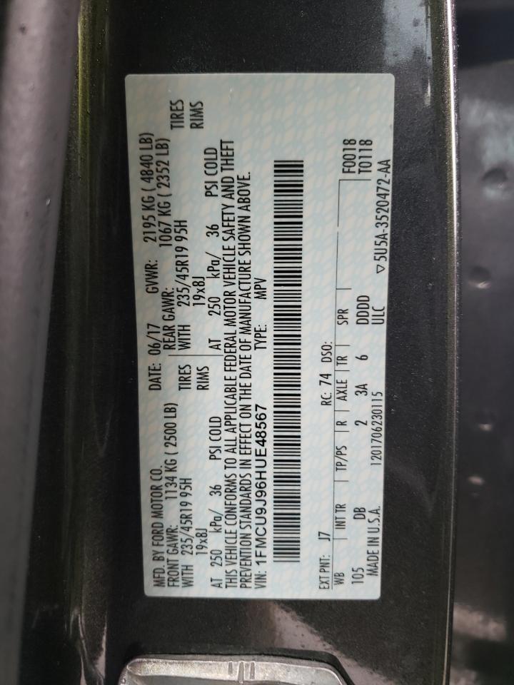 2017 Ford Escape VIN 1FMCU9J96HUE48567 Copart auction photo, front end / side damage thumbnail 13