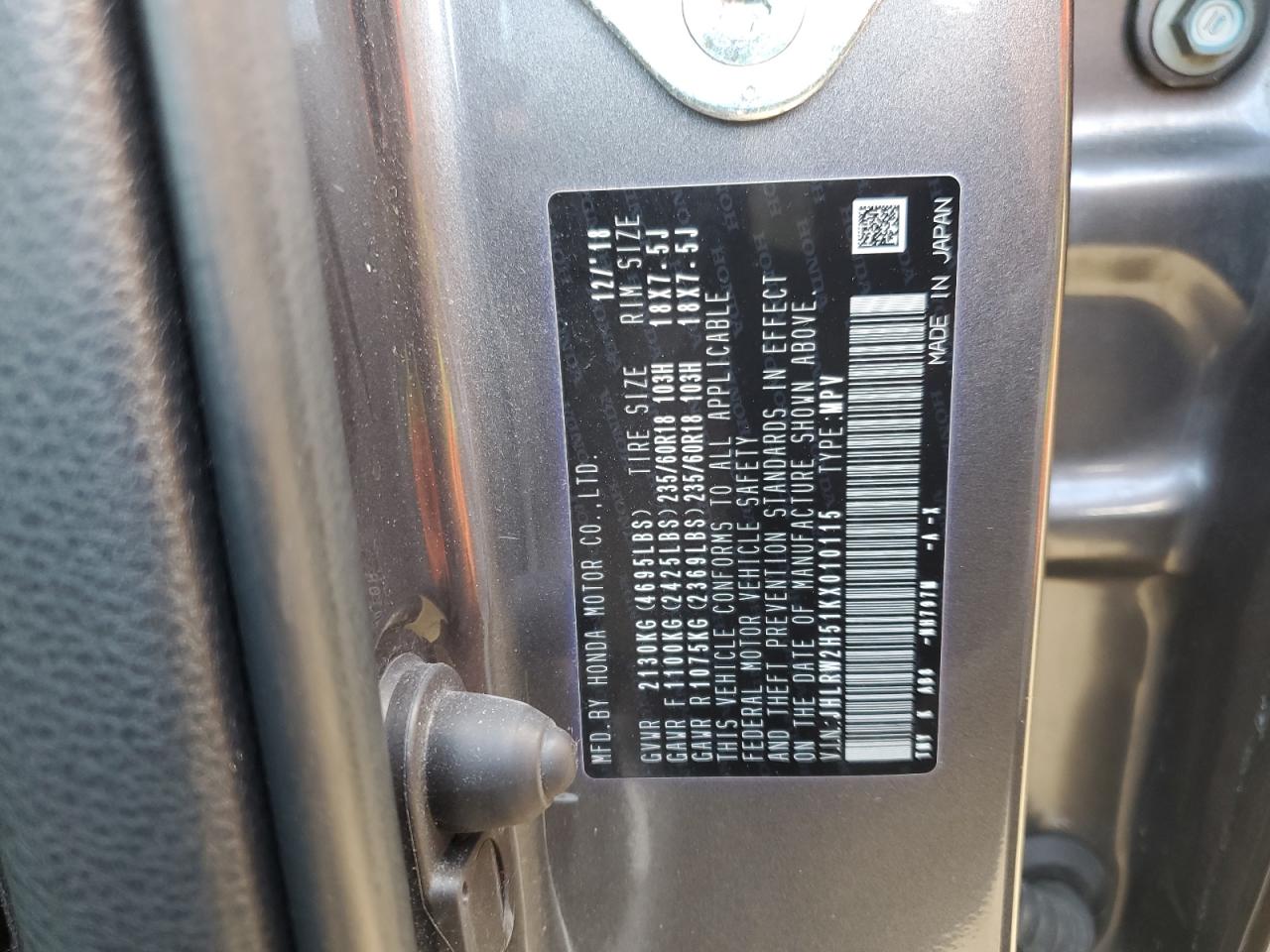 2019 Honda CR-V VIN JHLRW2H51KX010115 Copart auction photo, front end / side damage thumbnail 16