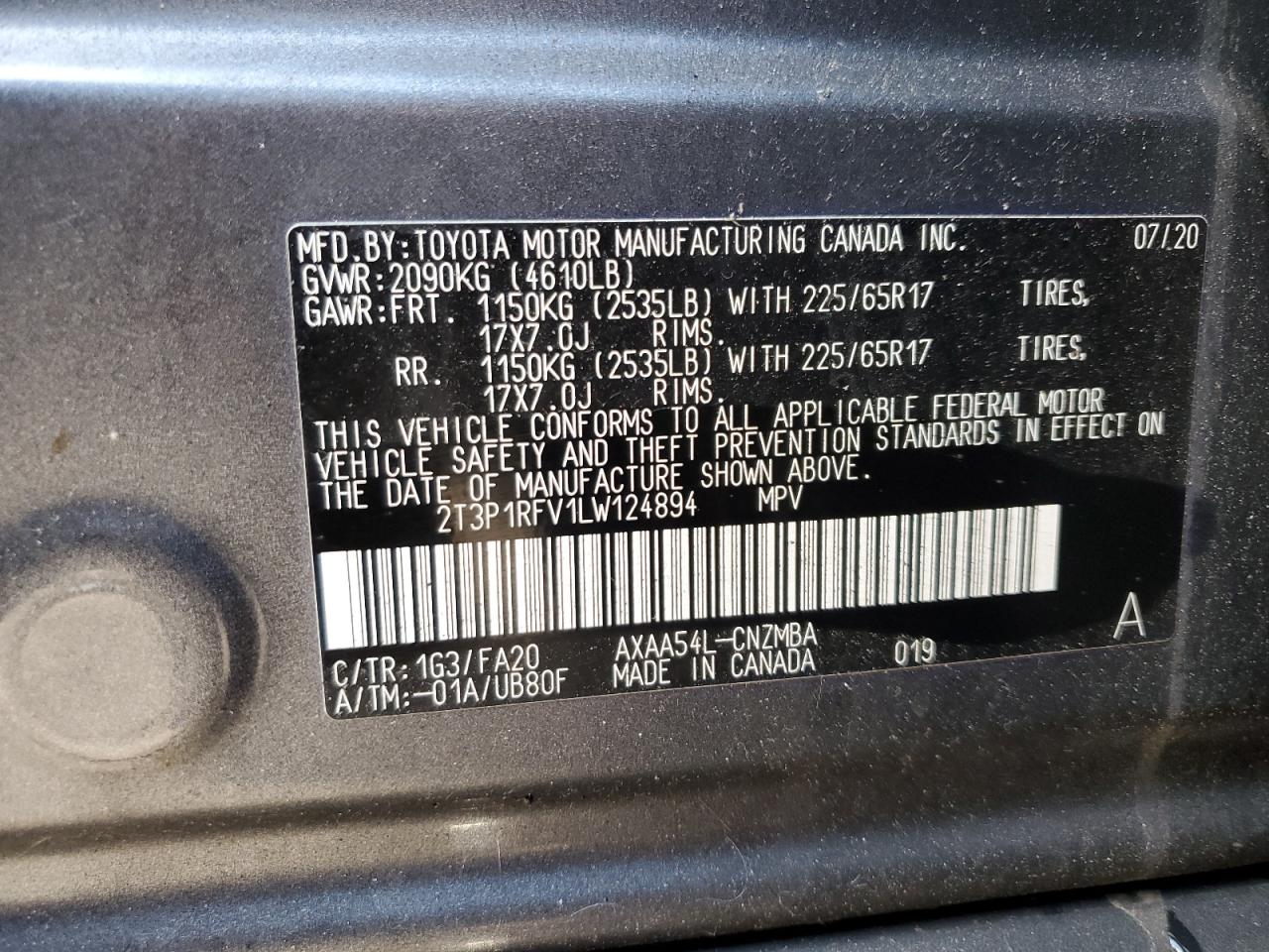 2020 Toyota RAV 4 VIN 2T3P1RFV1LW124894 Copart auction photo, rollover / all over damage thumbnail 13