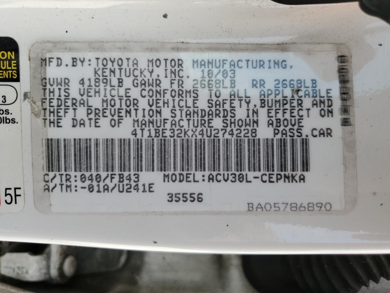 2004 Toyota Camry VIN 4T1BE32KX4U274228 Copart auction photo, front end damage thumbnail 12