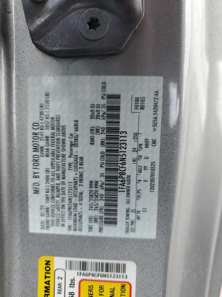 2022 Ford Mustang VIN 1FA6P8CF6N5123113 Copart auction photo, rollover damage thumbnail 15