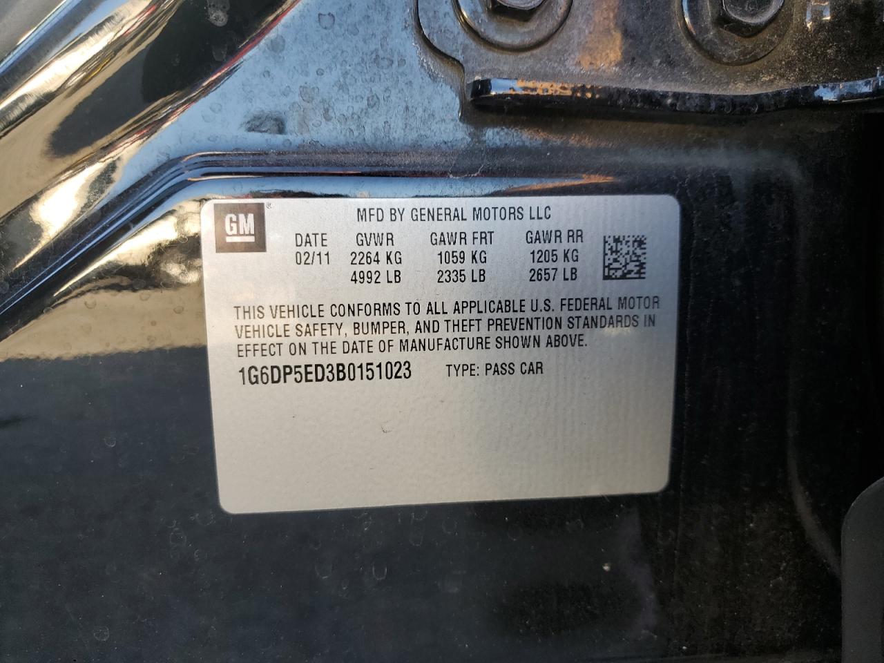 2011 Cadillac CTS VIN 1G6DP5ED3B0151023 Copart auction photo, front end / rear end damage thumbnail 13