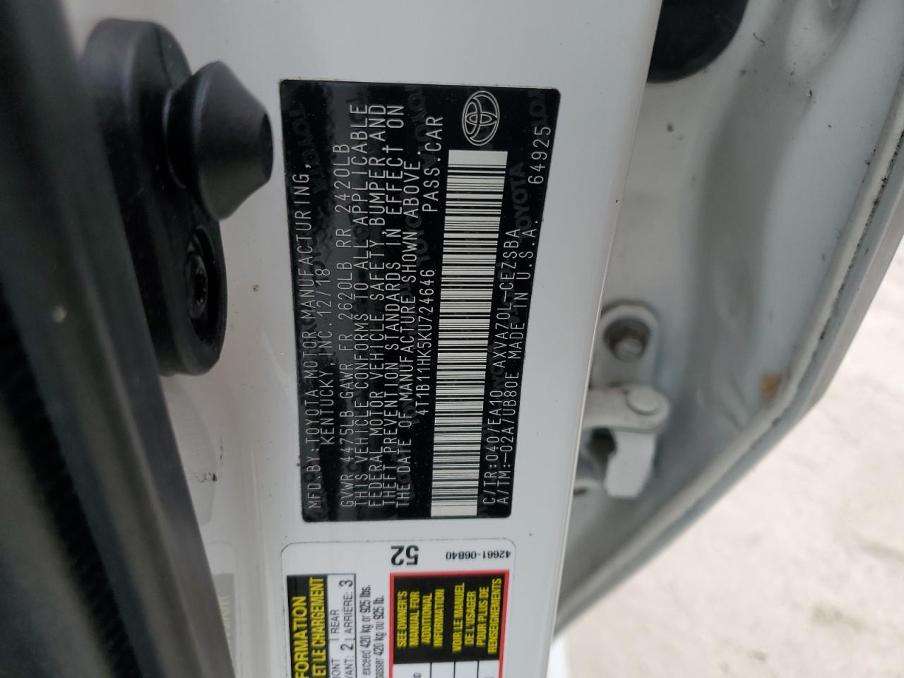 2019 Toyota Camry VIN 4T1B11HK5KU724646 Copart auction photo, water/flood damage thumbnail 13