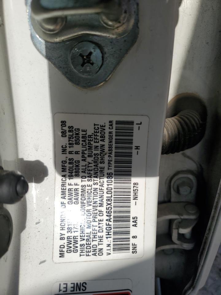 2008 Honda Civic VIN 1HGFA465X8L001086 Copart auction photo, rear end / minor dent/scratches damage thumbnail 12