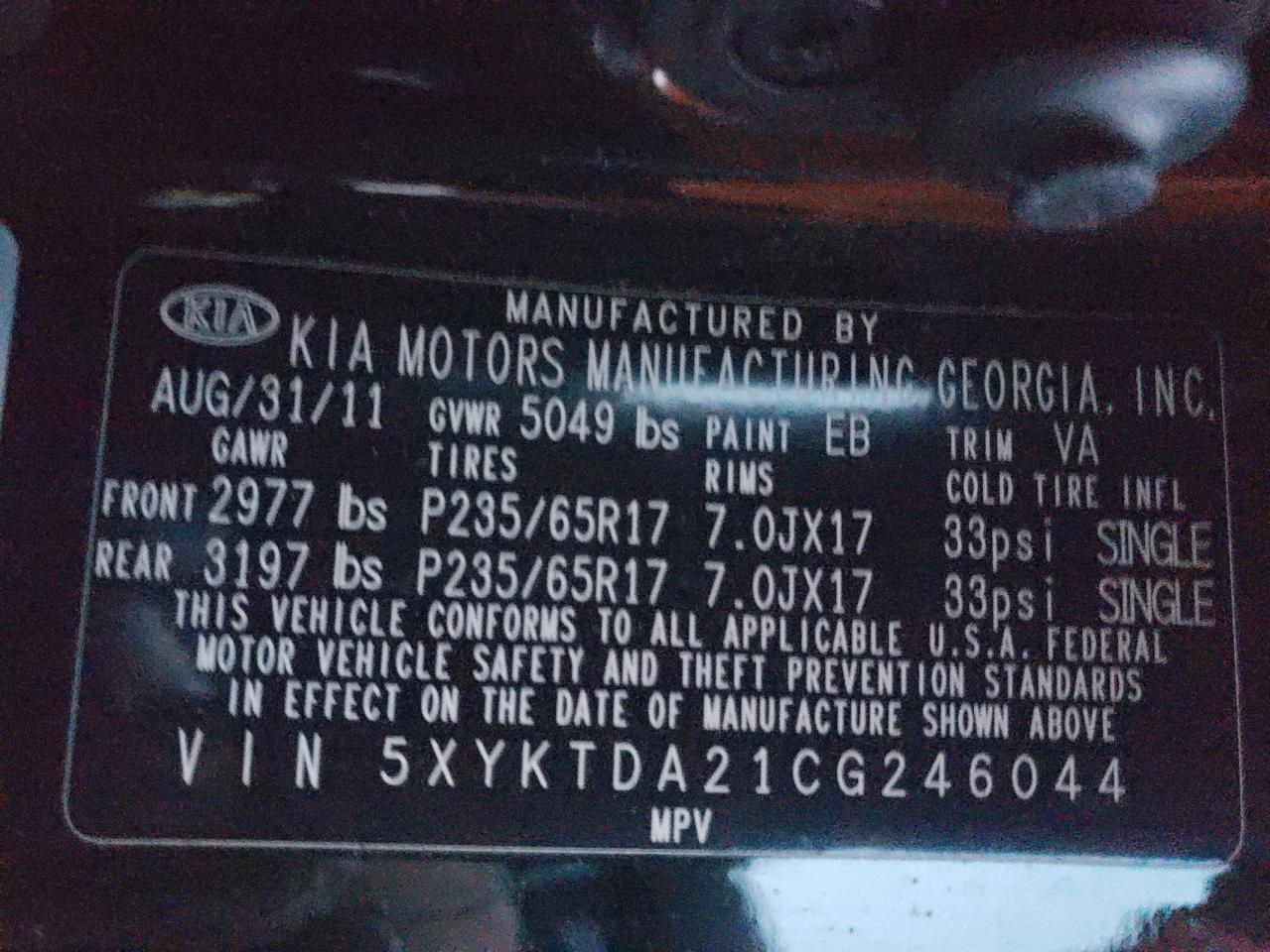 2012 KIA Sorento VIN 5XYKTDA21CG246044 Copart auction photo, rear end / front end damage thumbnail 13
