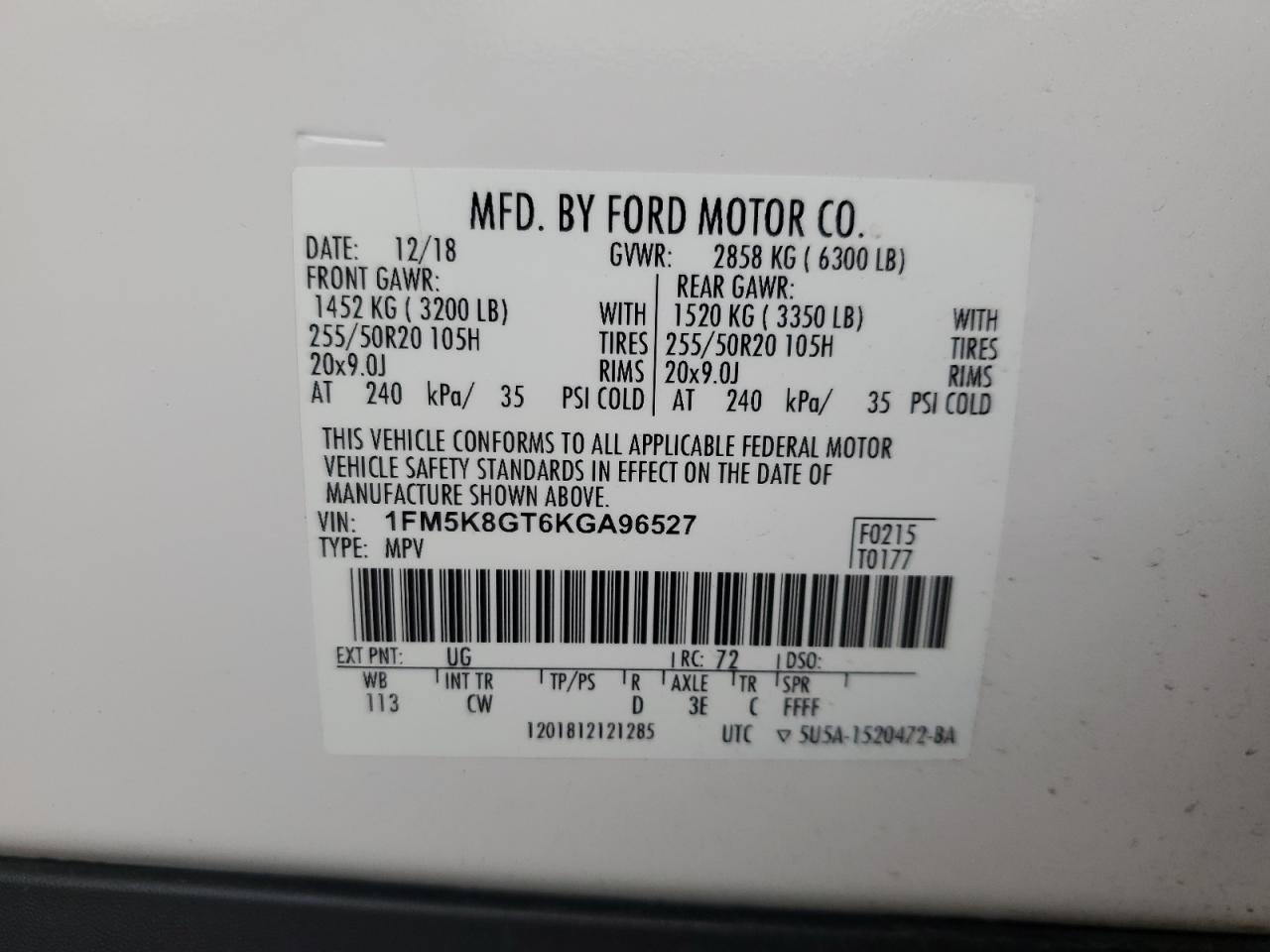 2019 Ford Explorer VIN 1FM5K8GT6KGA96527 Copart auction photo, all over damage thumbnail 14