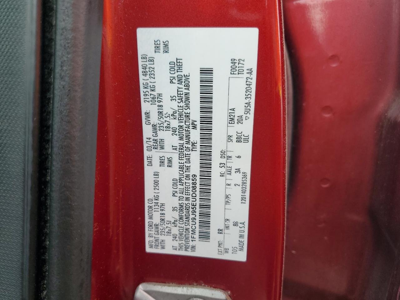 2014 Ford Escape VIN 1FMCU9J95EUD08859 Copart auction photo, side / front end damage thumbnail 15