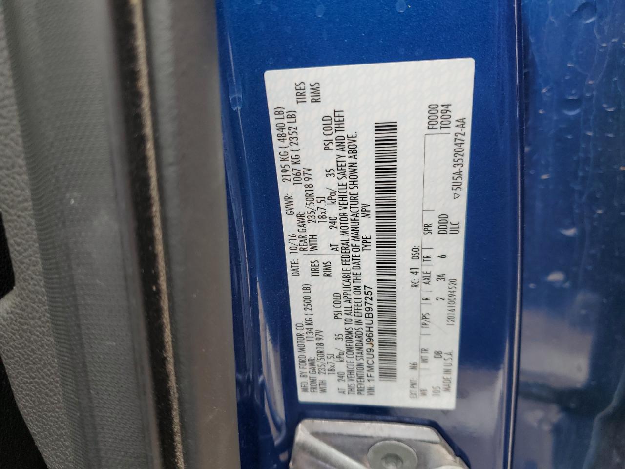 2017 Ford Escape VIN 1FMCU9J96HUB97257 Copart auction photo, front end damage thumbnail 13