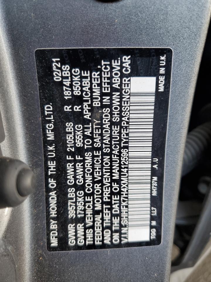 2021 Honda Civic VIN SHHFK7H4XMU412596 Copart auction photo, front end / rear end damage thumbnail 13
