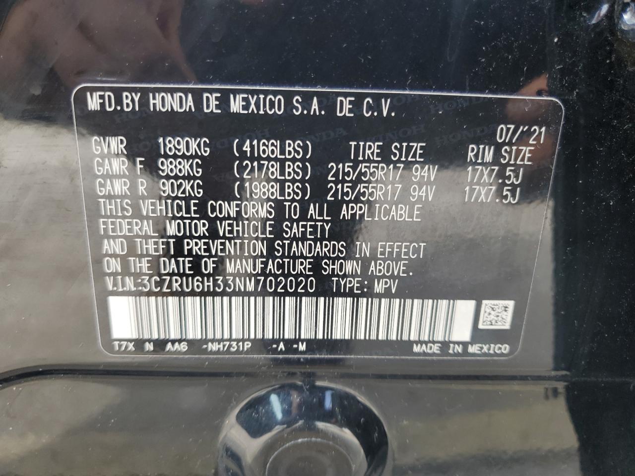 2022 Honda HR-V VIN 3CZRU6H33NM702020 Copart auction photo, side / rear end damage thumbnail 13