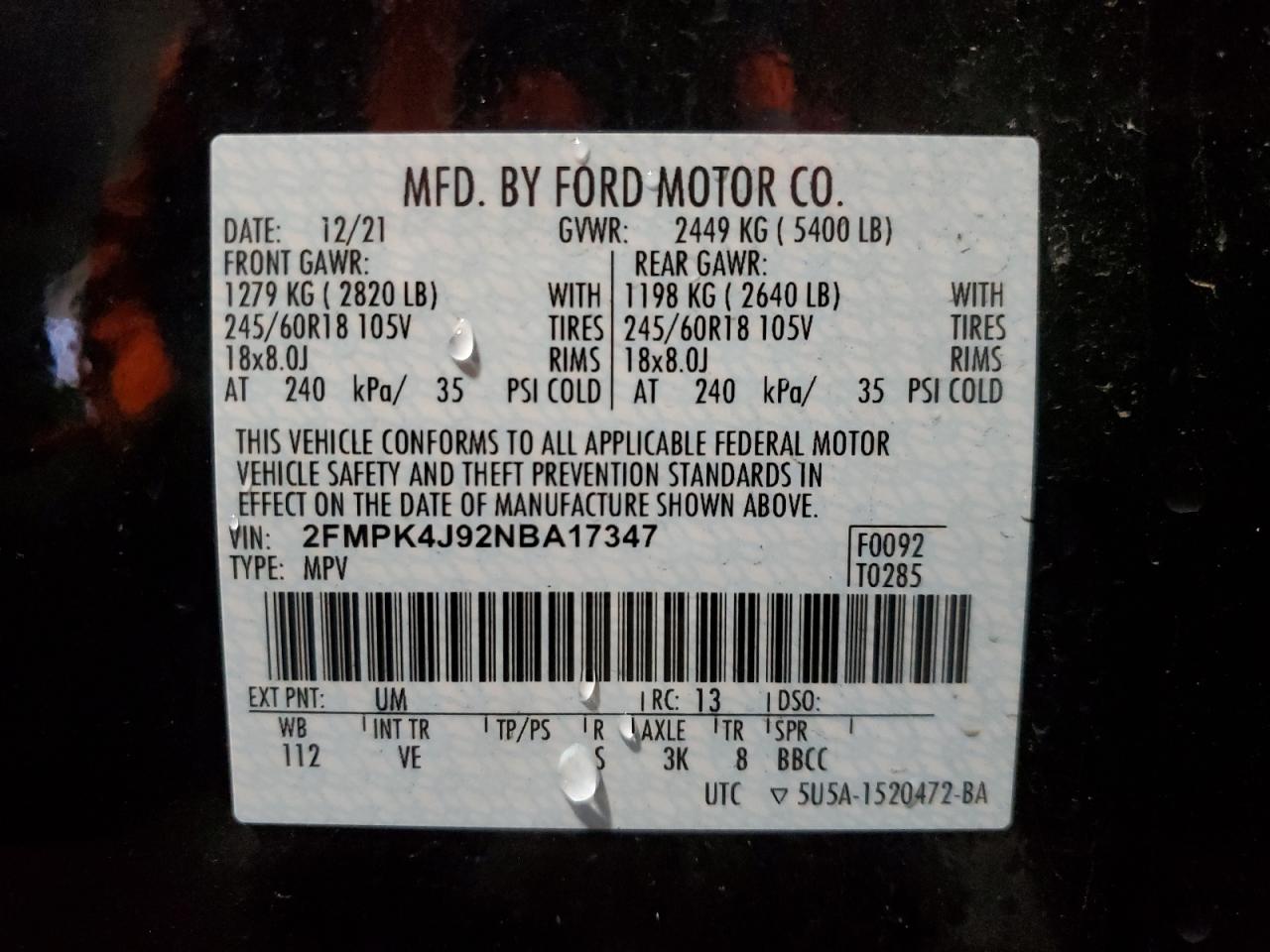 2022 Ford Edge VIN 2FMPK4J92NBA17347 Copart auction photo, all over damage thumbnail 13