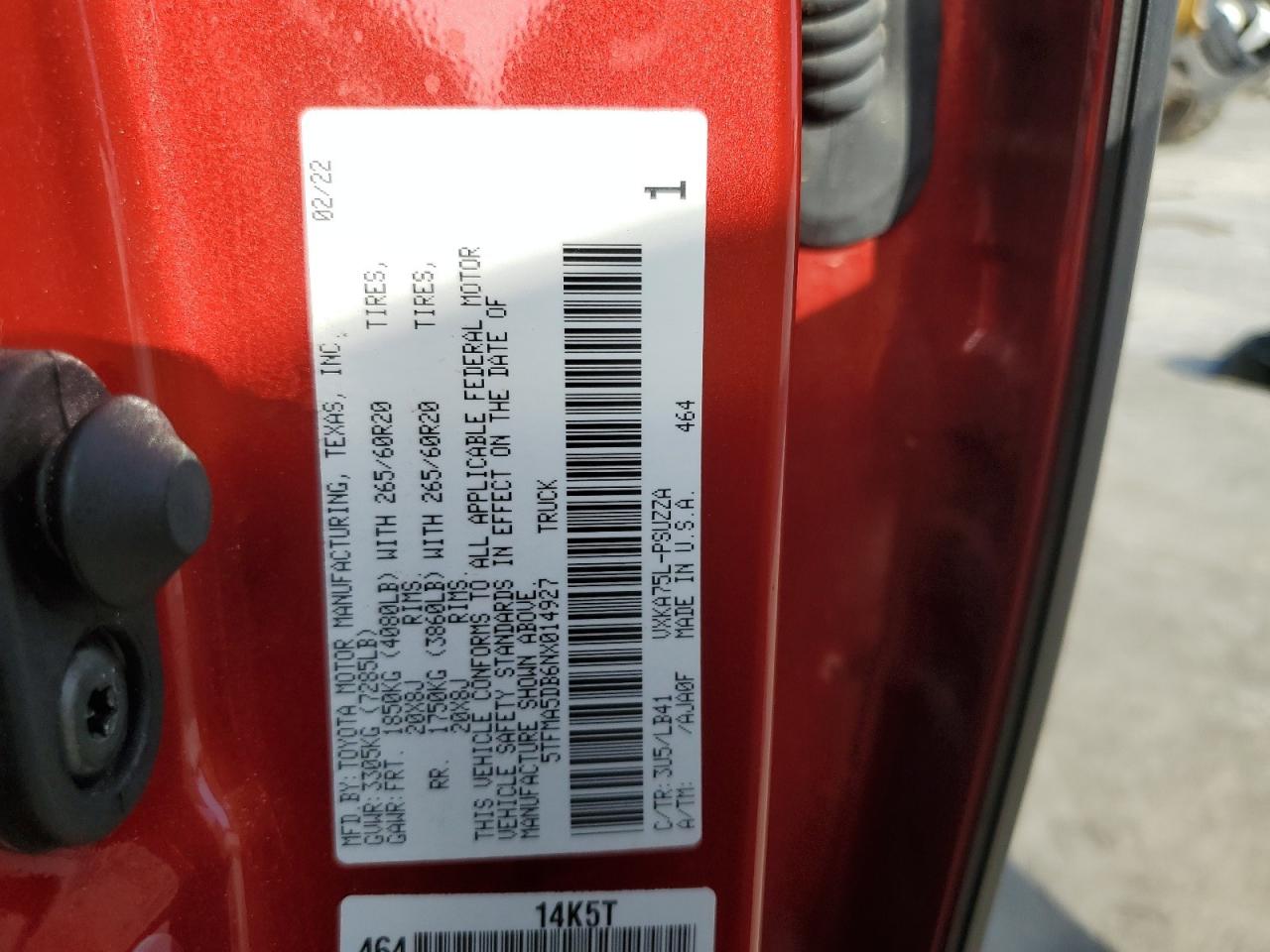 2022 Toyota Tundra VIN 5TFMA5DB6NX014927 Copart auction photo, water/flood / front end damage thumbnail 12