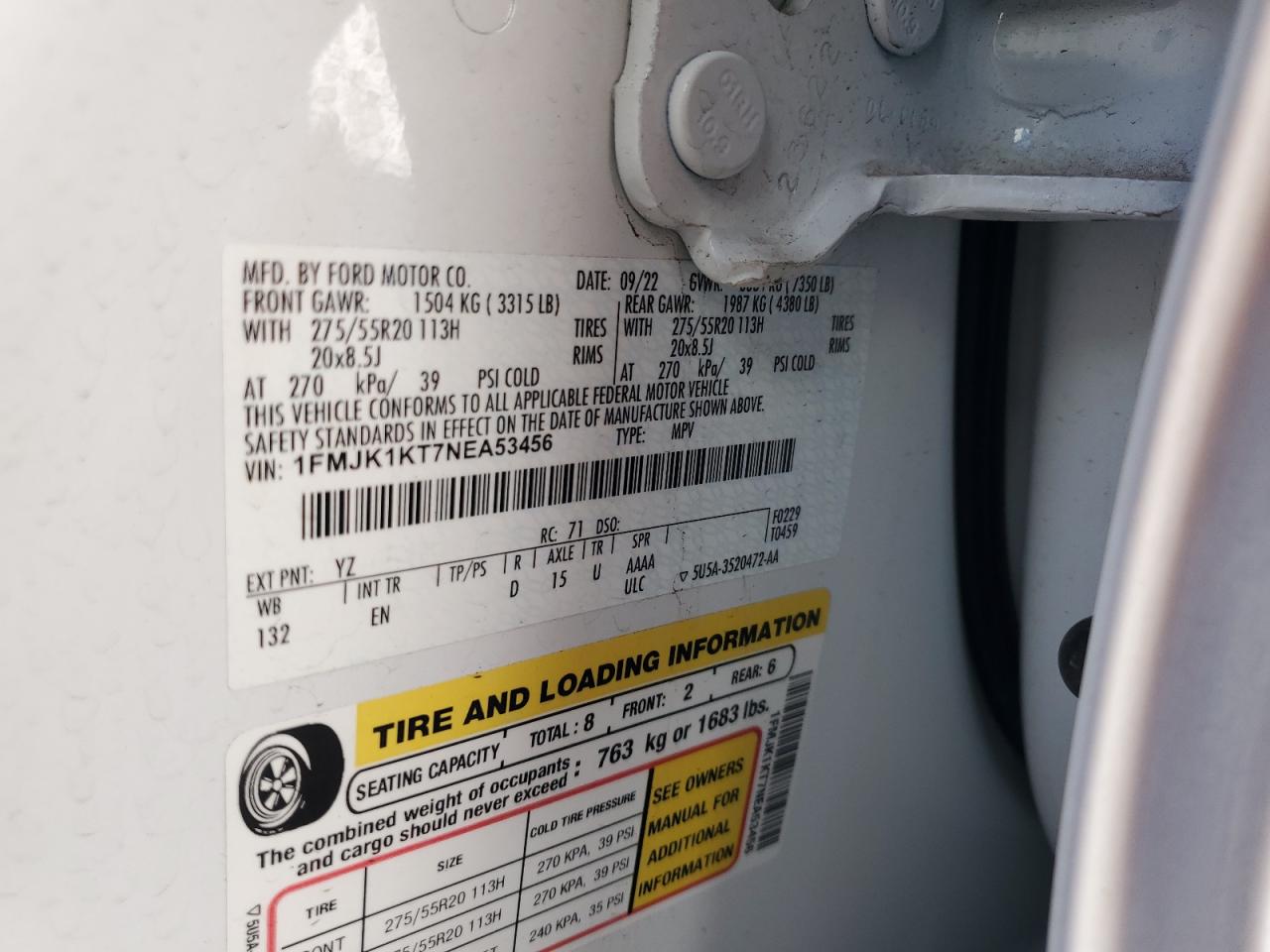 2022 Ford Expedition VIN 1FMJK1KT7NEA53456 Copart auction photo, front end damage thumbnail 14
