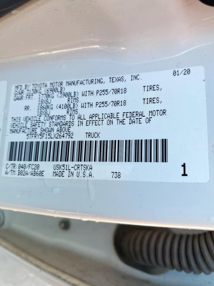 2020 Toyota Tundra VIN 5TFRY5F15LX264792 Copart auction photo, side / front end damage thumbnail 14