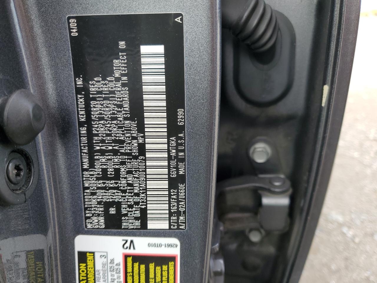 2009 Toyota Venza VIN 4T3ZK11A09U010079 Copart auction photo, side damage thumbnail 12