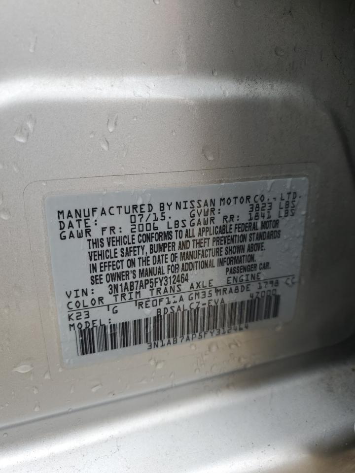 2015 Nissan Sentra VIN 3N1AB7AP5FY312464 Copart auction photo, front end damage thumbnail 14