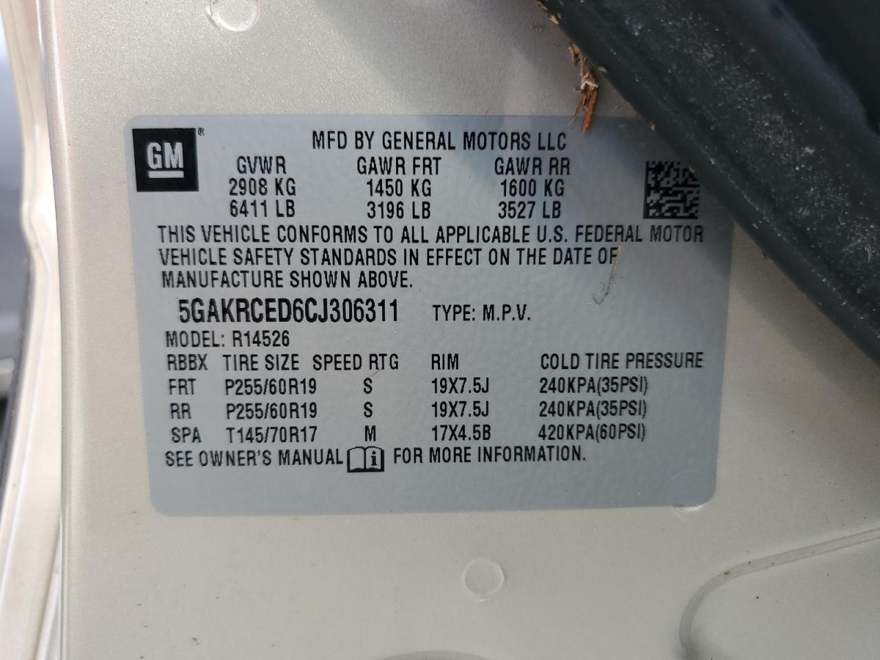 2012 Buick Enclave VIN 5GAKRCED6CJ306311 Copart auction photo, water/flood damage thumbnail 13