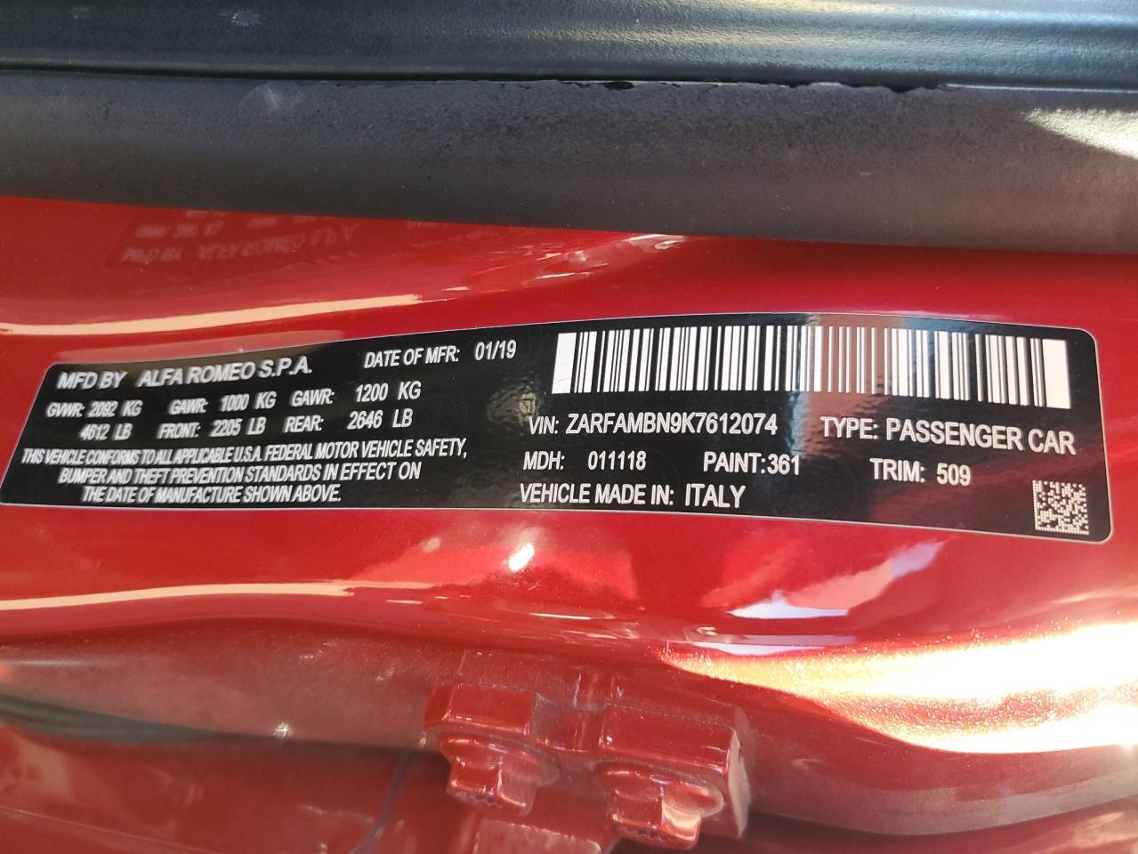 2019 Alfa Romeo Giulia VIN ZARFAMBN9K7612074 Copart auction photo, front end / rear end damage thumbnail 12